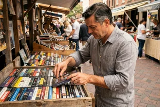 Un homme parcourt des DVD et Blu-ray d'occasion dans un marché aux puces en plein air