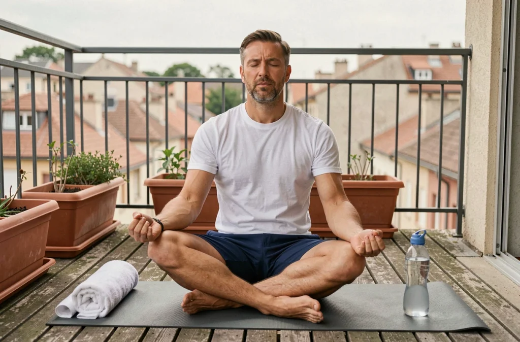 Homme en méditation sur un balcon après une séance de sport pour gérer le stress au quotidien
