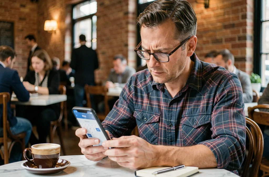 Homme jouant à Pedantix sur smartphone dans un café urbain avec carnet de notes