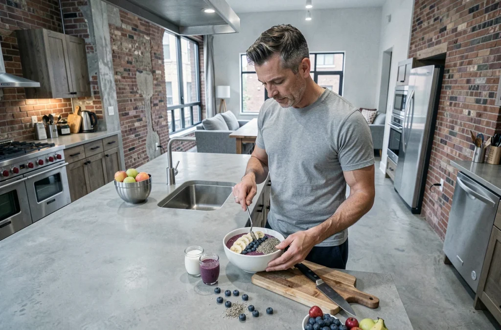 Homme préparant un bol smoothie nutritif pour le petit-déjeuner dans une cuisine urbaine contemporaine