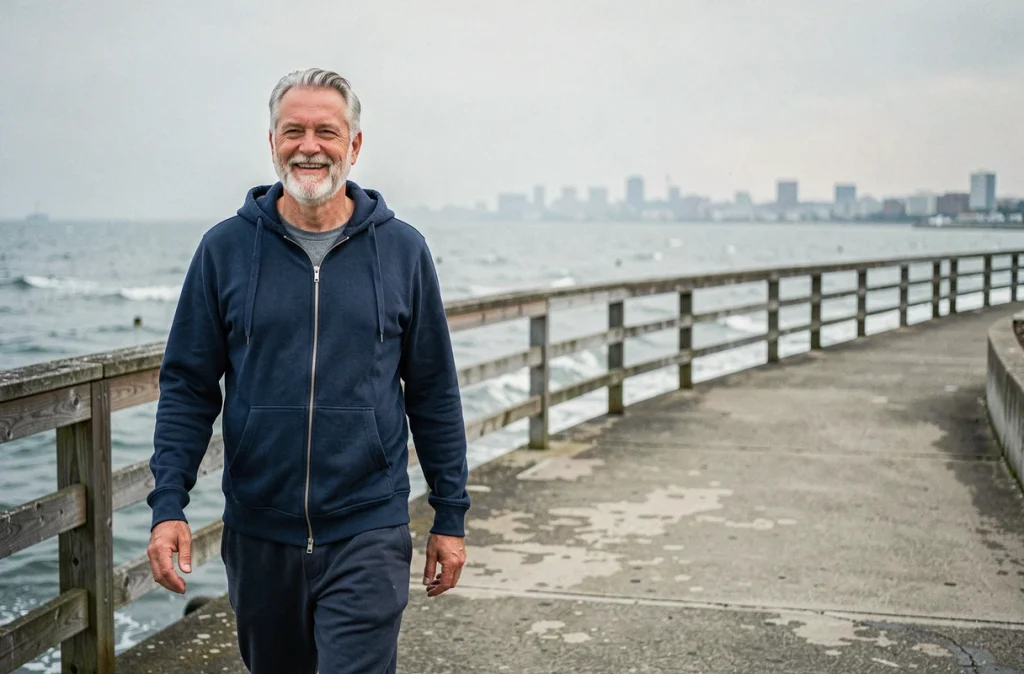 Homme âgé de soixante ans se promenant sur une promenade côtière pour réduire les risques de maladies cardiovasculaires