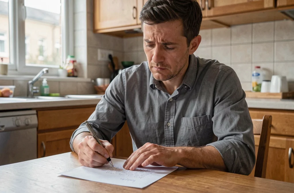 Homme rédigeant une lettre à son avocat pour une procédure de divorce ou séparation conflictuelle à domicile