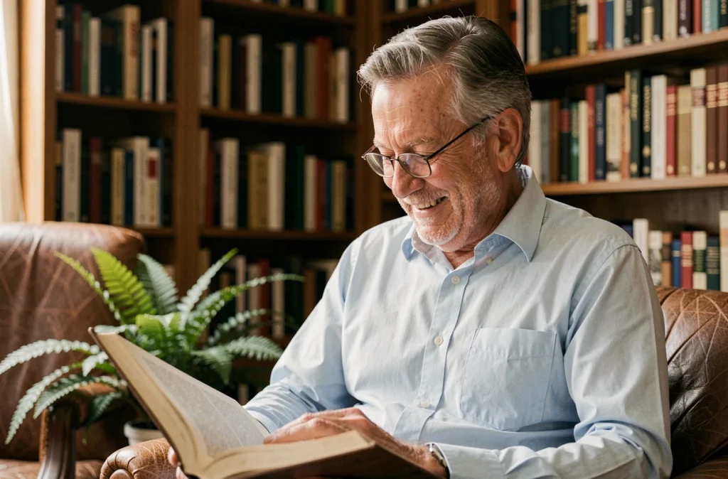 Homme âgé souriant en lisant un livre dans une bibliothèque, évoquant les effets positifs du rire sur le système immunitaire des seniors