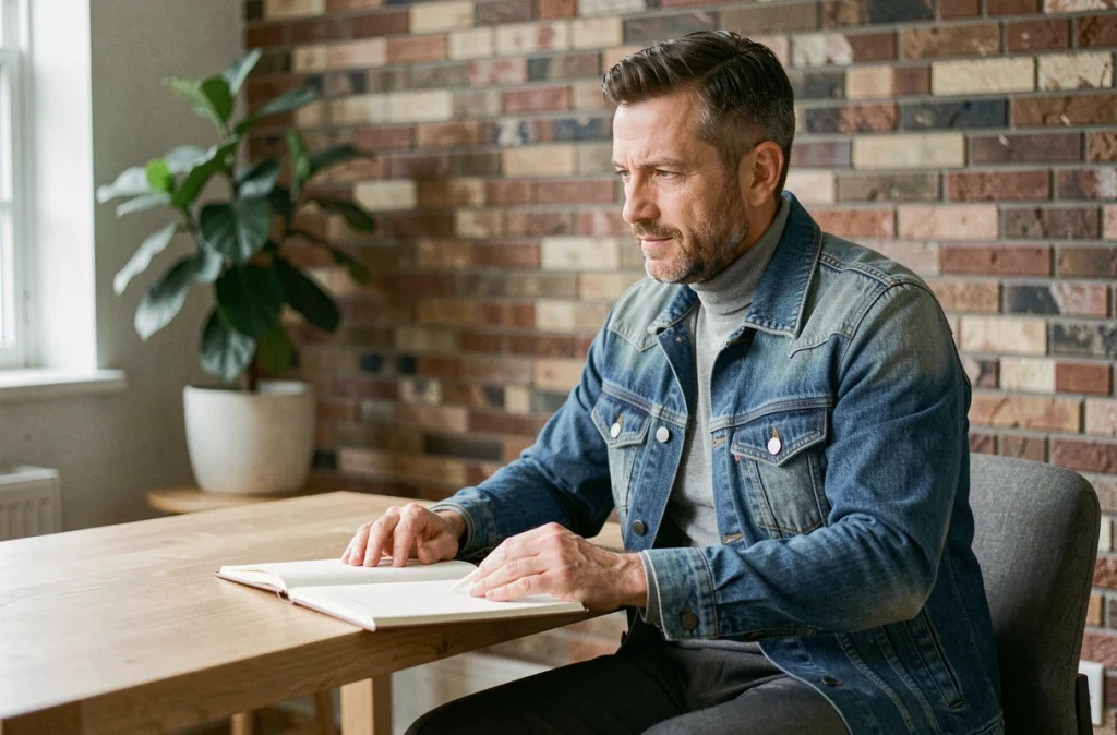 Homme d'âge mûr en surchemise en denim assis à un bureau en bois dans un home office avec mur en briques
