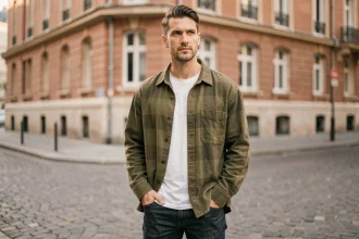 Homme en surchemise en flanelle verte portée ouverte sur un t-shirt blanc dans une rue parisienne pavée