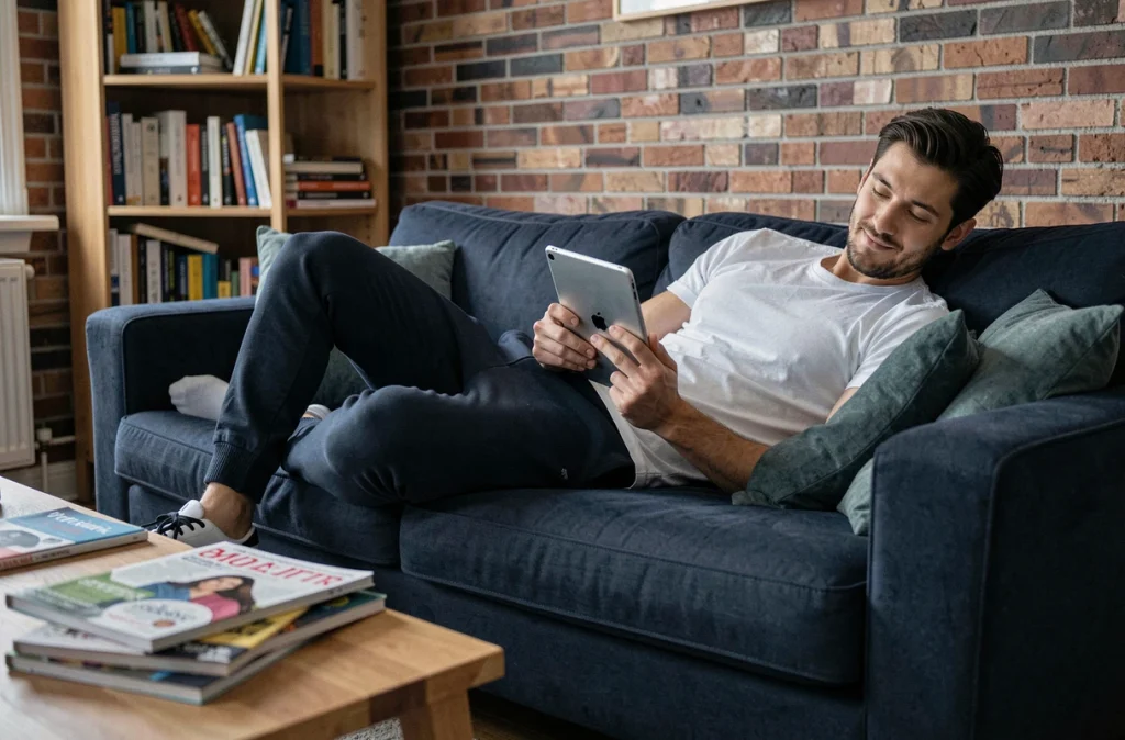 Homme détendu sur un canapé jouant sur tablette dans un appartement moderne, illustrant l'utilisation de tours gratuits sur Coin Master