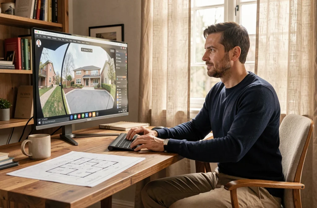 Homme explorant une visite virtuelle immobilière sur ordinateur depuis son bureau à domicile
