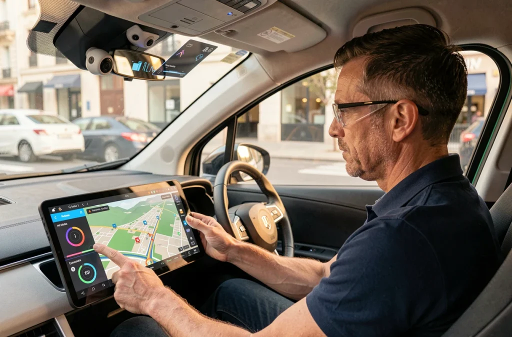 Ingénieur automobile français supervisant un système de conduite autonome depuis l'habitacle d'un véhicule prototype