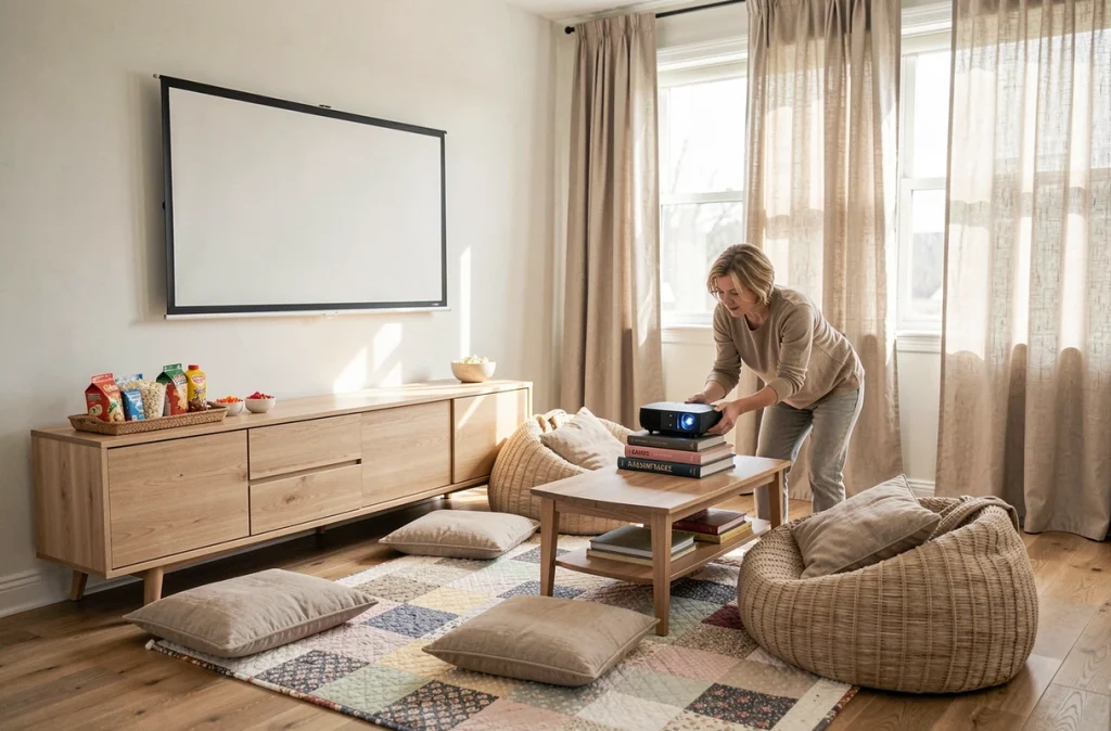 Mère et adolescent installant un coin cinéma maison avec projecteur, coussins et collations