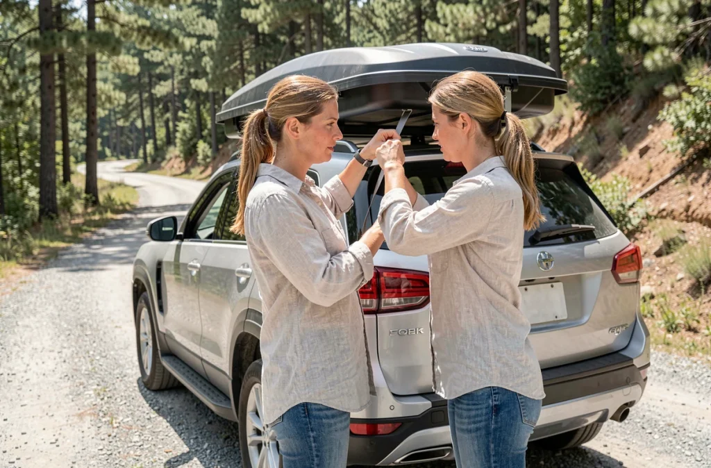 Femme installant un coffre de toit sur un SUV avant un départ en vacances en voiture sur une route de campagne