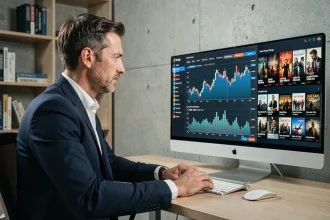 Investisseur analysant des données financières liées aux séries télévisées sur un écran d'ordinateur dans un bureau moderne