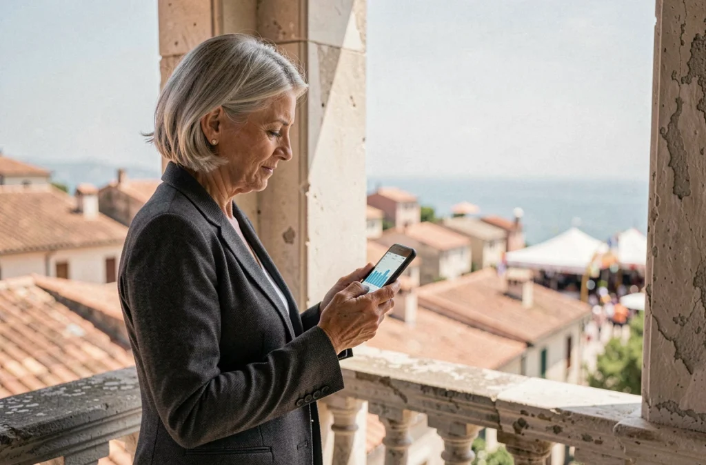 Investisseuse privée consultant son smartphone sur un balcon avec vue sur une ville côtière lors d'un festival de cinéma