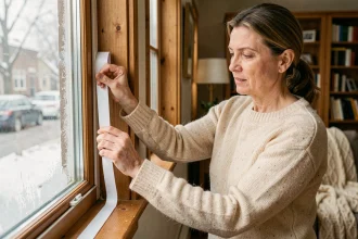Femme isolant le bord d'une fenêtre en bois avec un joint adhésif mousse dans un appartement chaleureux en hiver