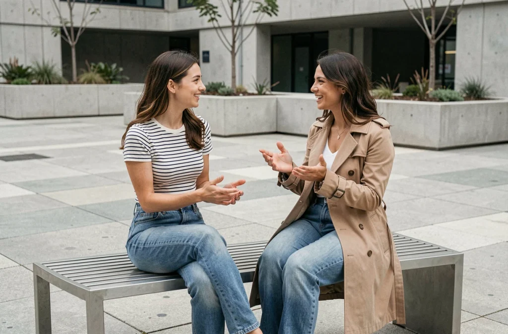 Deux femmes assises sur un banc urbain portant des jeans taille haute de coupes différentes
