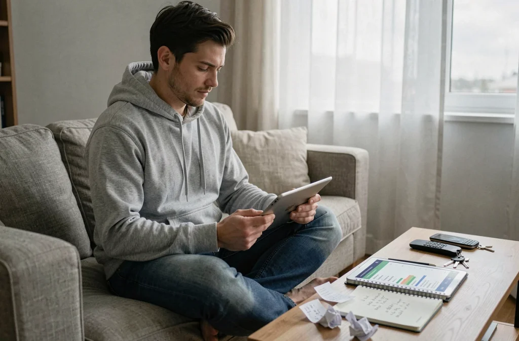 Jeune acteur indépendant consultant une application de budget sur sa tablette chez lui