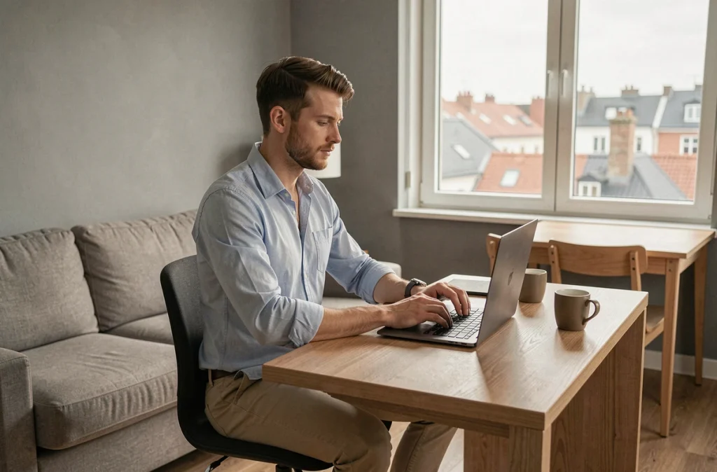 Jeune actif travaillant depuis son appartement meublé moderne avec bureau et espace de vie