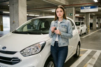 Jeune femme conductrice tenant les clés d'une voiture de location dans un parking urbain moderne