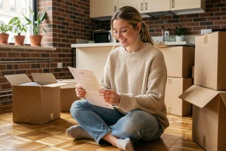 Jeune femme signant un contrat de location meublée dans un studio urbain bien équipé