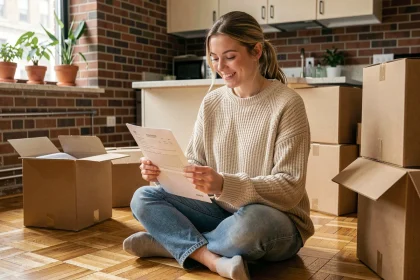 Jeune femme signant un contrat de location meublée dans un studio urbain bien équipé