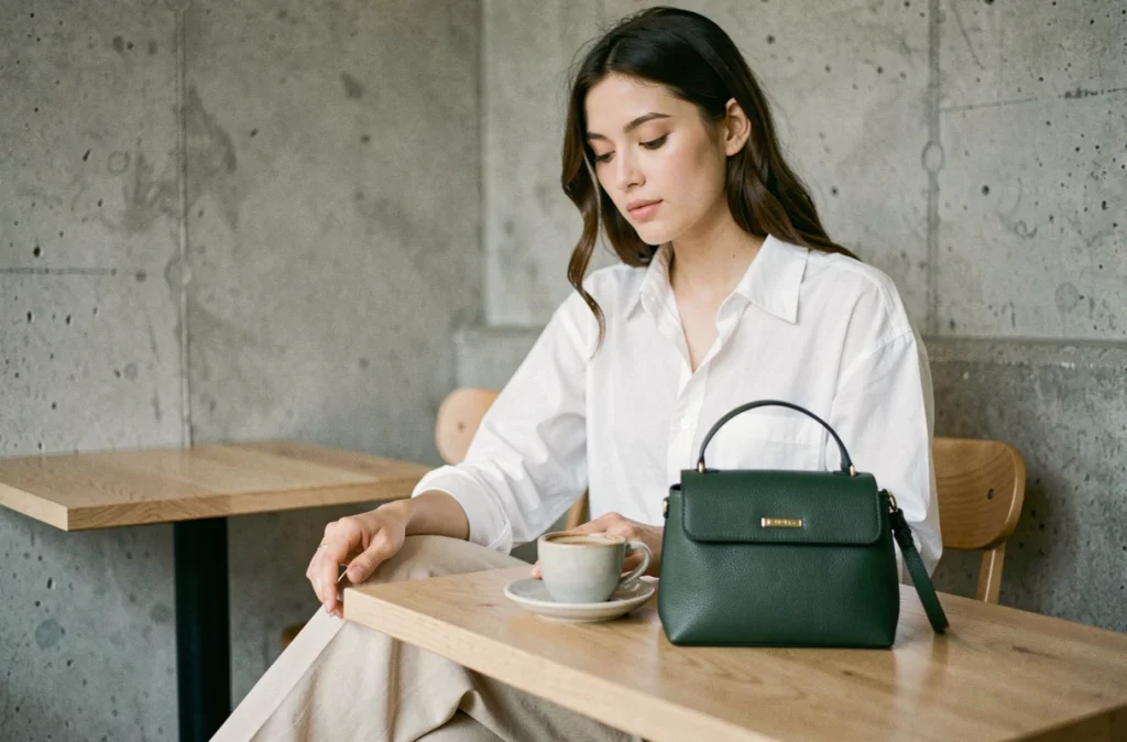 Jeune femme dans un café scandinave avec un micro sac en cuir vert posé sur la table, minimalisme urbain