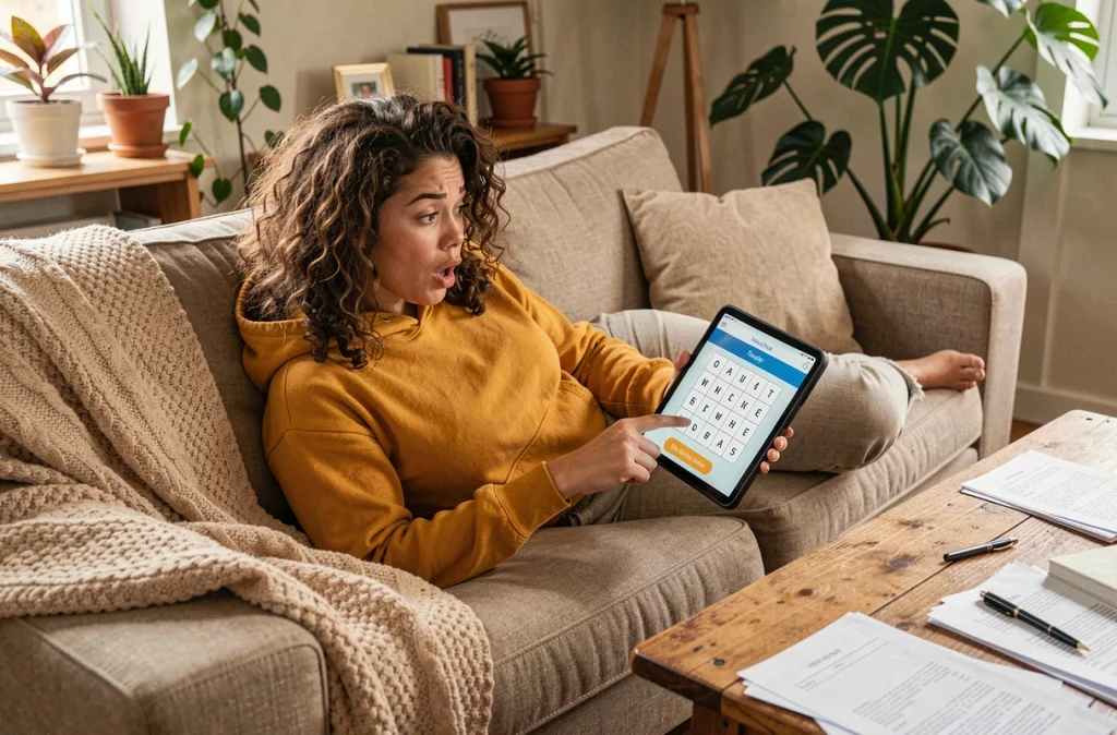 Jeune femme allongée sur un canapé jouant à un jeu de mot du jour type Pedantix sur tablette