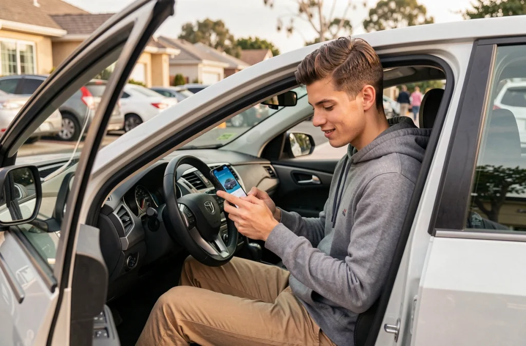 Jeune homme consultant une application de location de voiture assis dans un véhicule en ville