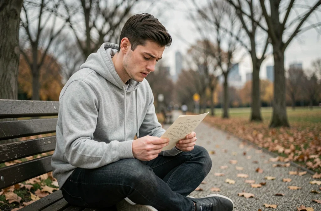 Jeune homme ému lisant une lettre manuscrite d'un ami sur un banc dans un parc en automne