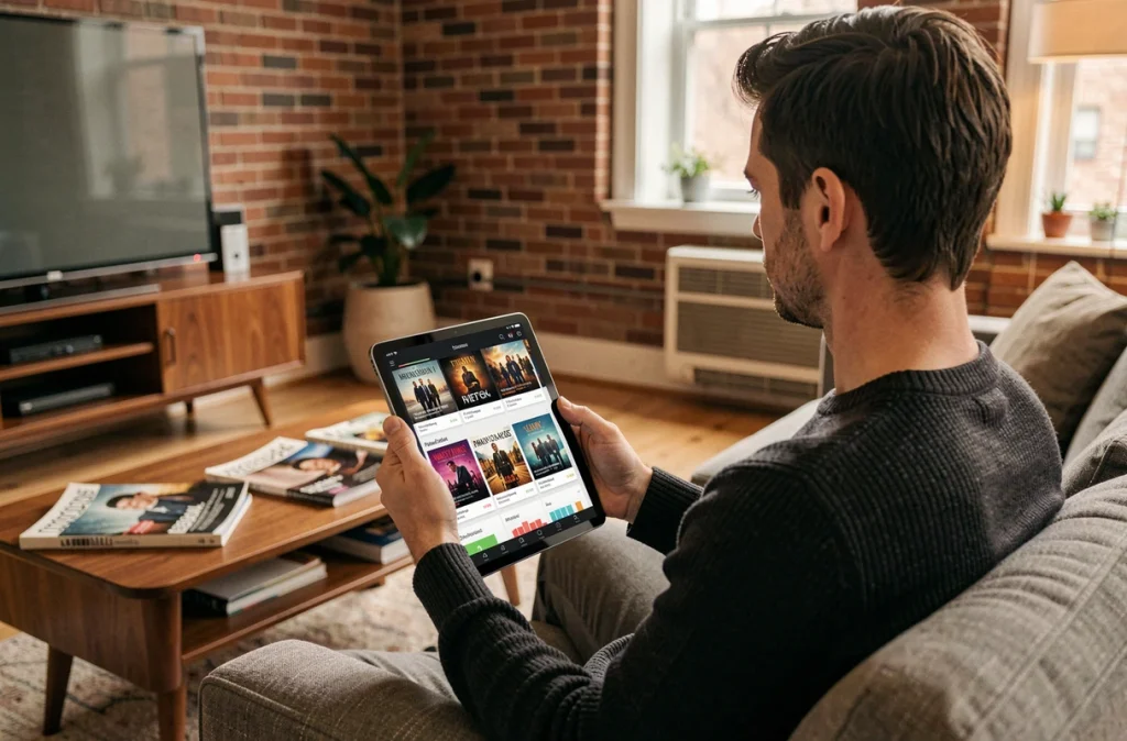 Jeune investisseur consultant un portefeuille de séries télévisées sur une tablette depuis son salon