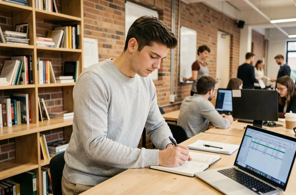 Jeune homme prenant des notes dans un espace de coworking lors de sa première expérience professionnelle ou son stage