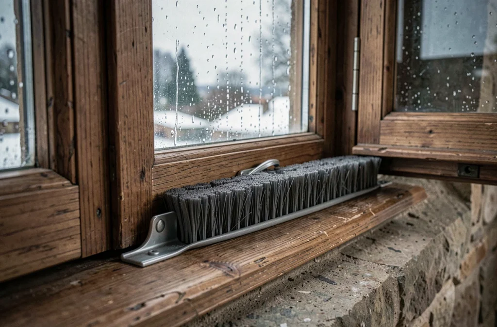 Détail d'un joint brosse installé sur une fenêtre en bois ancien avec vue sur un paysage enneigé à la campagne