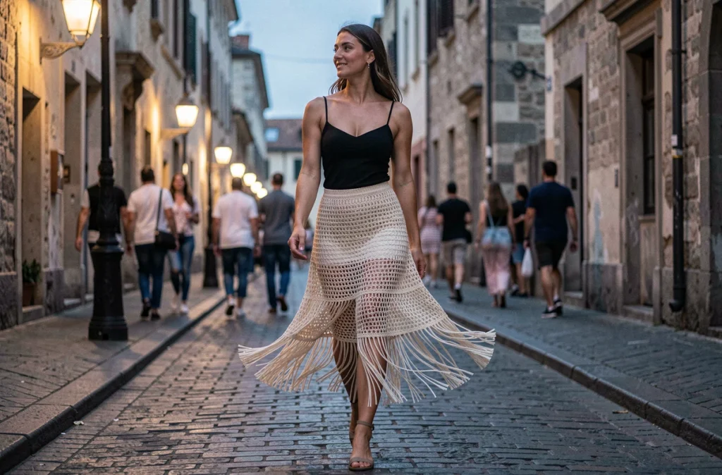 Femme en jupe midi crochet à franges crème marchant dans une rue pavée européenne au crépuscule lors d'une soirée bohème