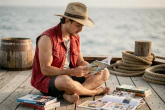 Jeune homme lisant un chapitre de manga One Piece sur le pont d'un bateau en bois avec des volumes éparpillés autour de lui