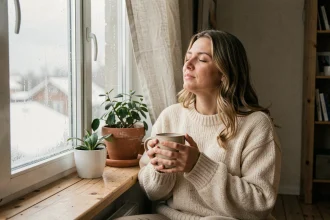 Femme en pull épais savourant la lumière naturelle hivernale près d'une fenêtre givrée avec une tasse de thé