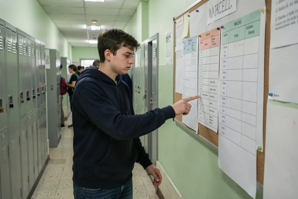 Lycéen consultant un emploi du temps affiché dans un couloir scolaire pour les semaines paires et impaires