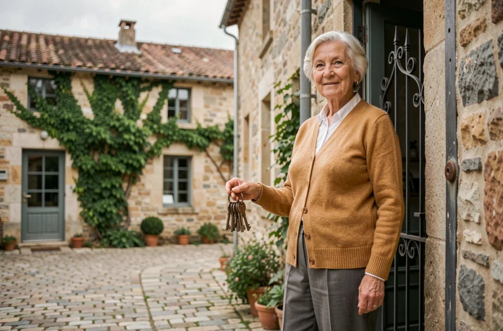 Une femme âgée devant sa maison en pierre propose son bien en viager en France
