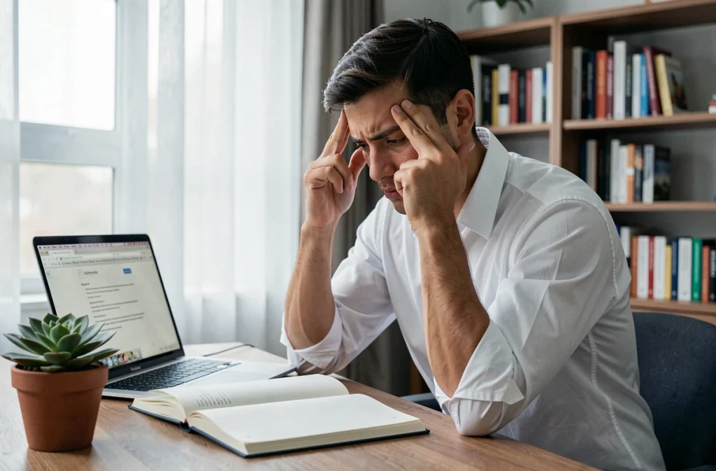 Jeune homme fatigué assurant une mauvaise concentration à son bureau, représentant le manque de sommeil sur les capacités cognitives