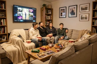 Famille réunie sur un canapé pour un marathon cinéma à la maison avec popcorn et couvertures