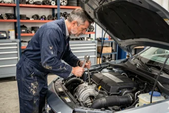 Mécanicien professionnel effectuant l'entretien d'un moteur diesel dans un garage automobile équipé