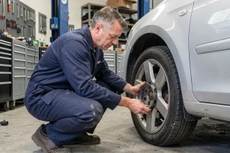 Mécanicien professionnel inspectant les freins et les pneus d'une voiture avant le contrôle technique