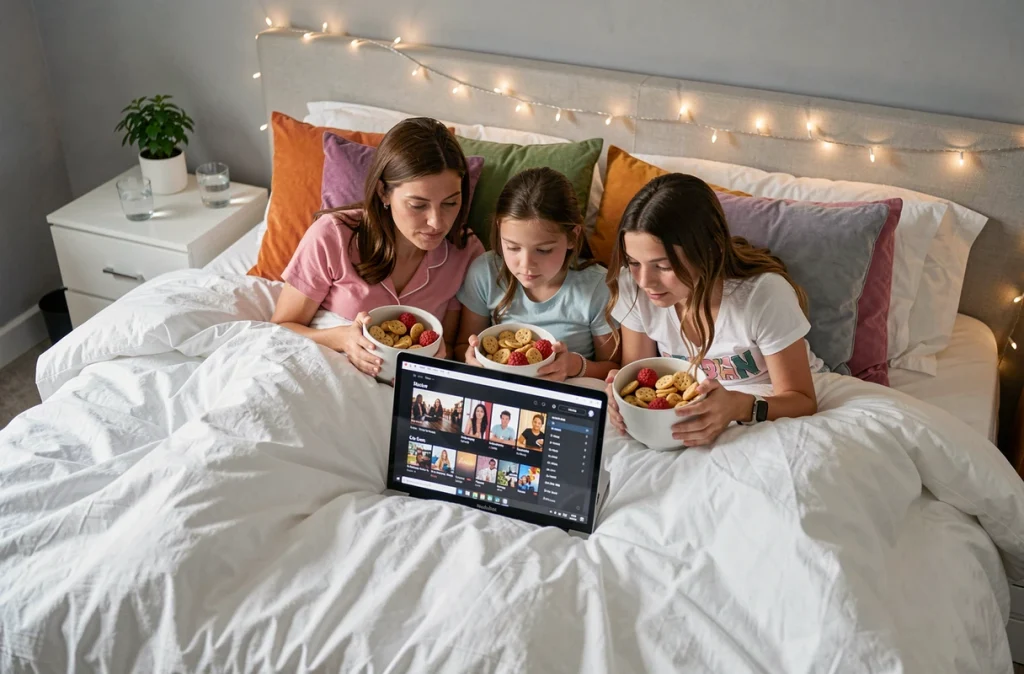 Mère et ses deux filles regardant une série sur un ordinateur portable allongées sur un lit lors d'une soirée en famille