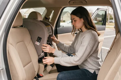 Mère installant un siège auto bébé dos à la route avec système ISOFIX dans un SUV familial