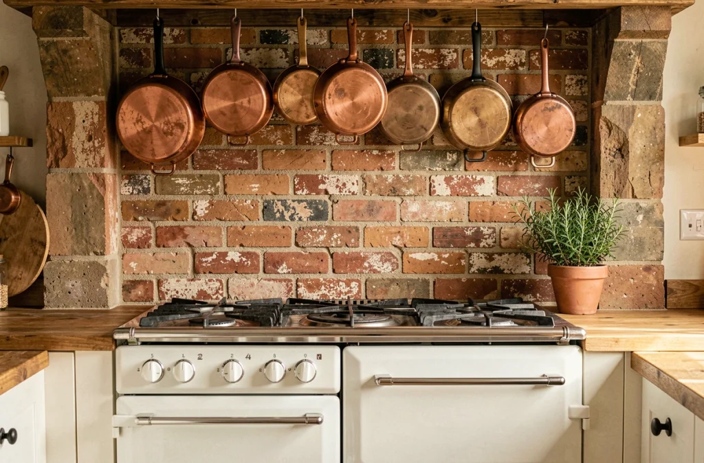 Mur en briques apparentes comme revêtement décoratif dans une cuisine de style campagnard avec cuisinière vintage