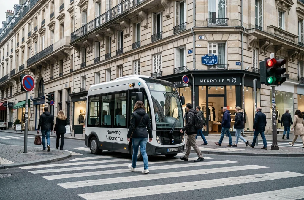 Navette autonome arrêtée à un passage piéton dans une ville française avec des passants qui traversent la rue