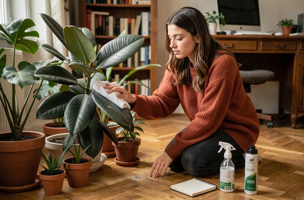 Jeune femme essuyant les feuilles d'un ficus elastica avec un chiffon humide dans un bureau à domicile chaleureux