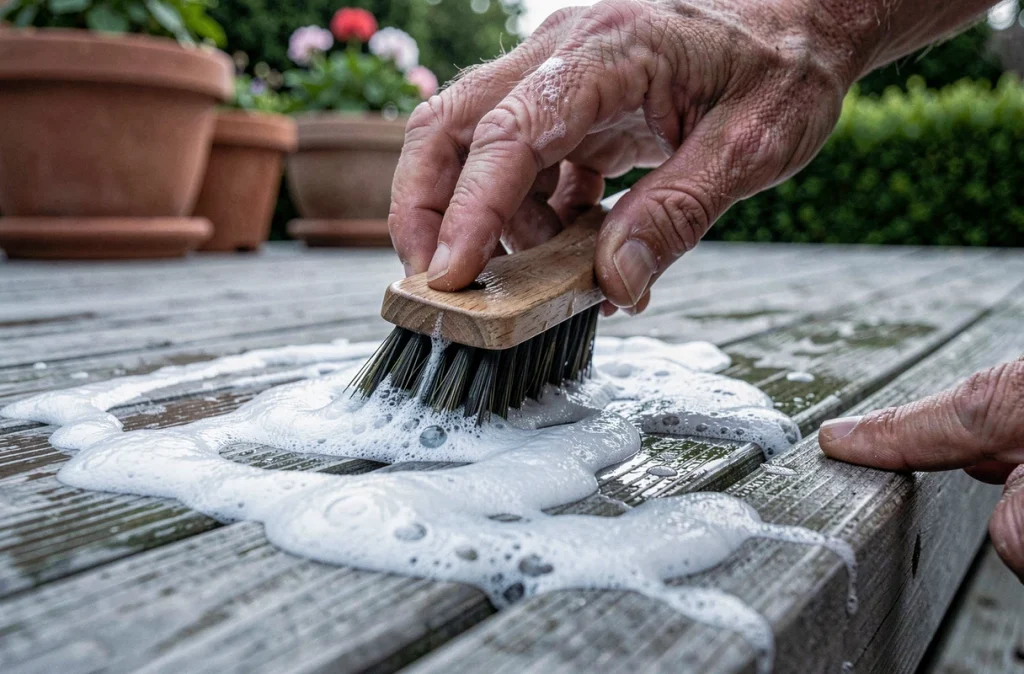 Gros plan sur le nettoyage d'une terrasse en bois avec une brosse et du savon pour préparer la surface avant l'été