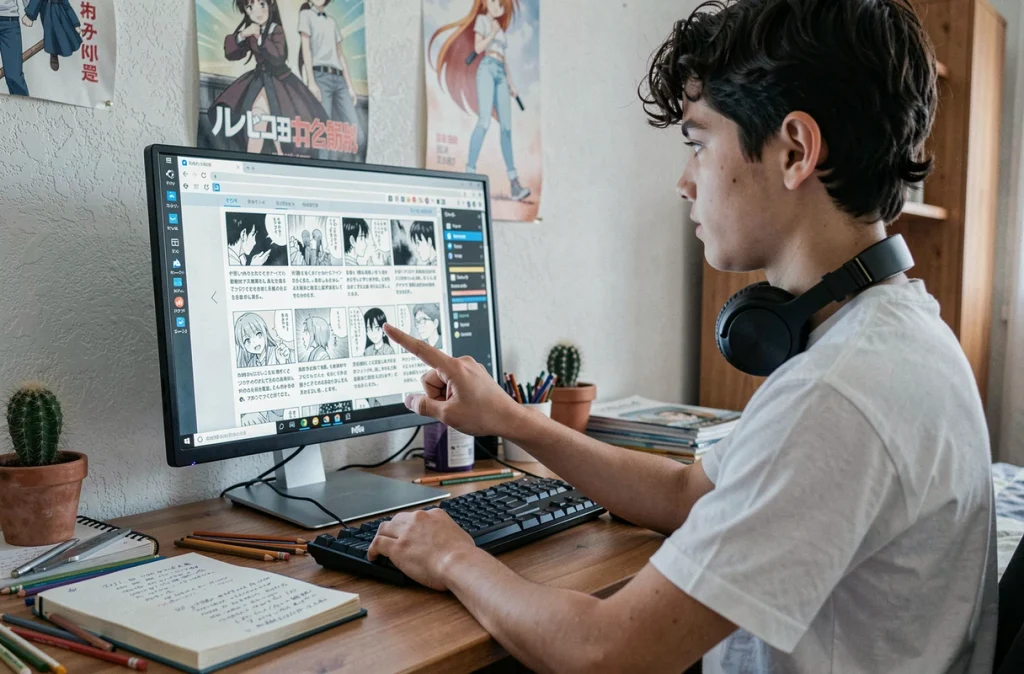 Adolescent découvrant l'interface de lecture de mangas sur Sushiscan FR depuis son bureau avec ordinateur de bureau