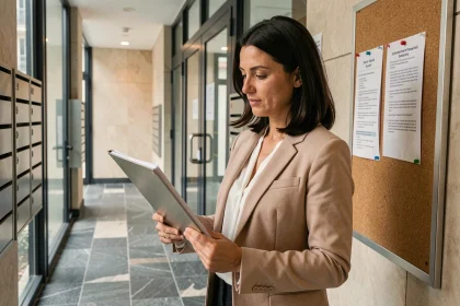 Nouvelle propriétaire consultant le règlement de copropriété dans le hall d'un immeuble parisien moderne