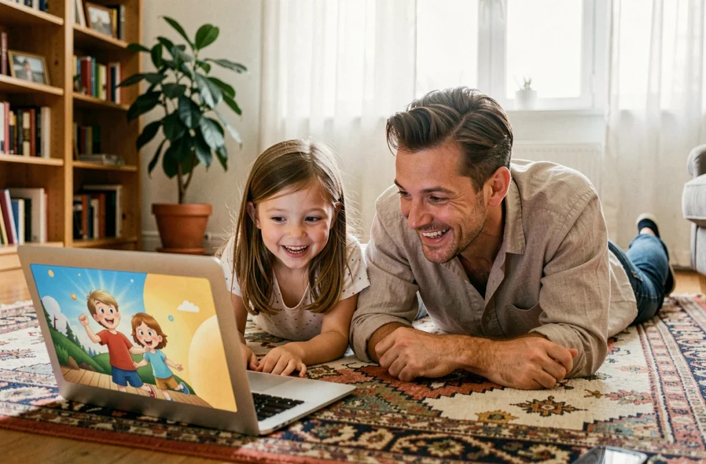 Père et fille allongés sur un tapis regardant un film d'animation sur un ordinateur portable