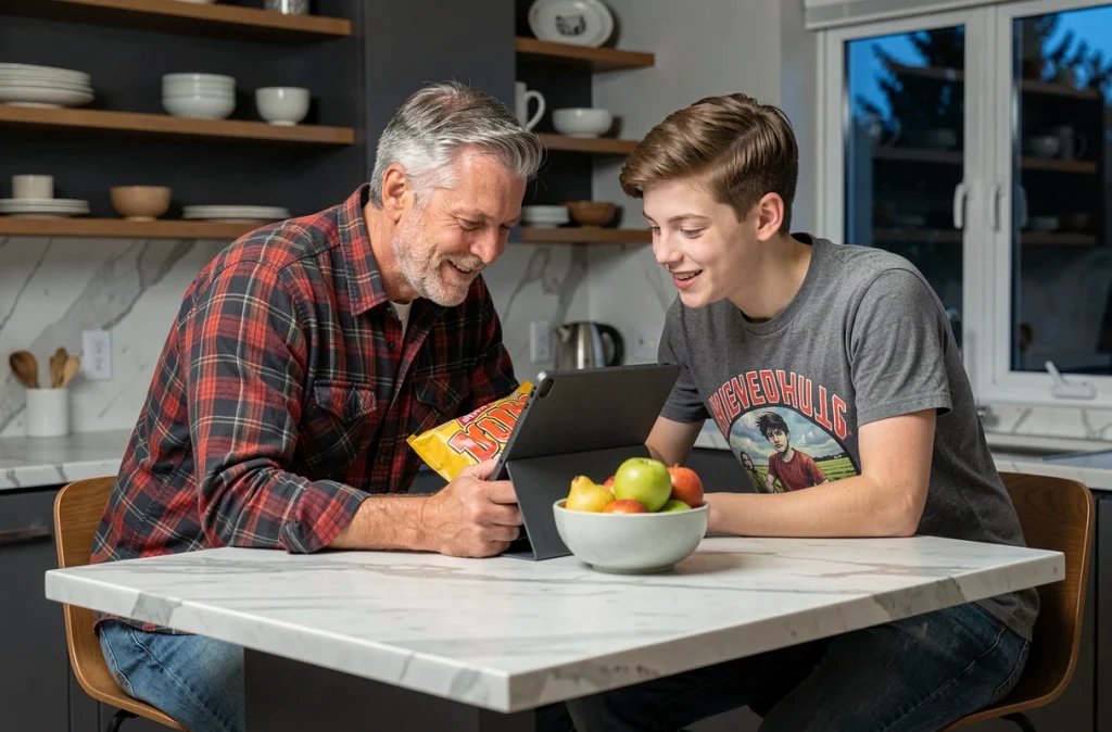 Père et fils regardant une série ensemble sur une tablette dans la cuisine lors d'une soirée familiale détendue