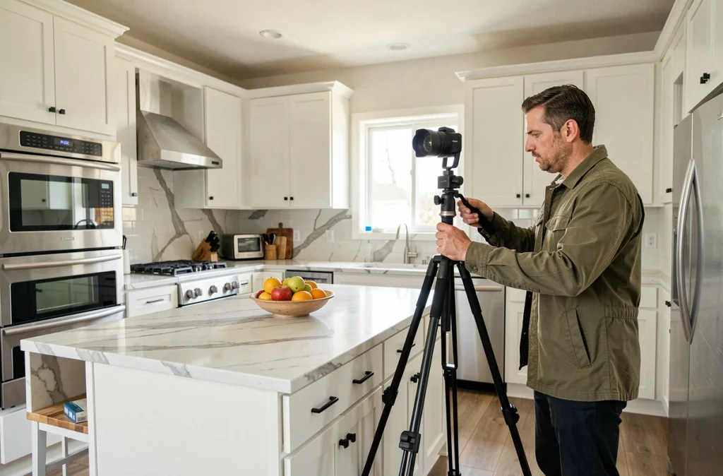 Photographe immobilier installant une caméra 360 degrés dans une cuisine moderne pour une visite virtuelle